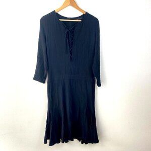 Barbara Bui 100% Silk Midi Dress Size 38 (US Size 6)‎ Black Lace-Up Long Sleeve